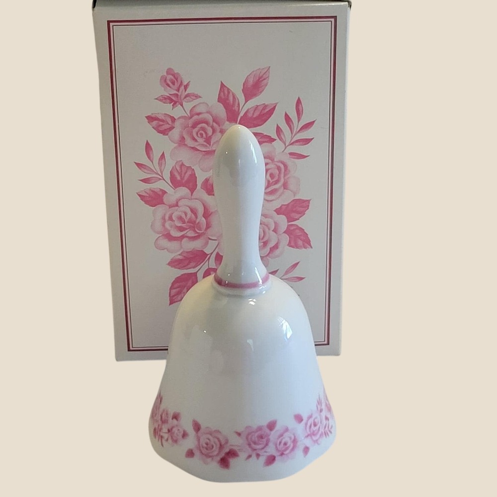 Avon Dinner Bell Mikasa China Vintage 1973 Pink Rose Floral Collectible White